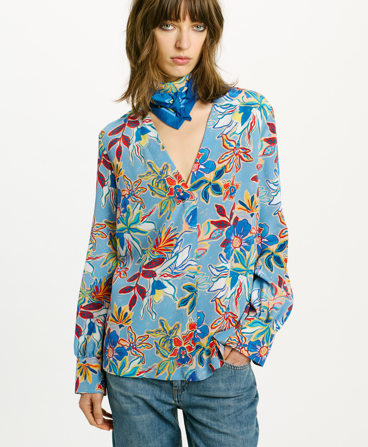 BLOUSE AIMA EN CRÊPE DE CHINE - BLEU CLAIR MULTICOLORE - Momonì