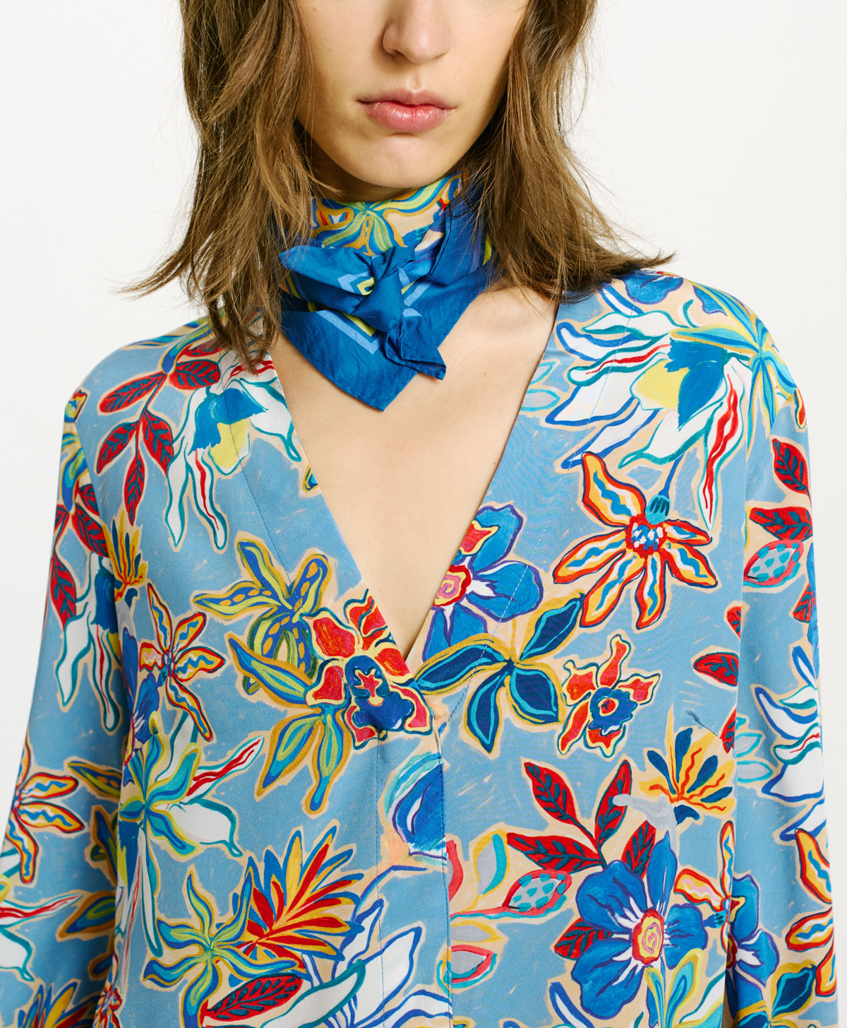 BLOUSE AIMA EN CRÊPE DE CHINE - BLEU CLAIR MULTICOLORE - Momonì