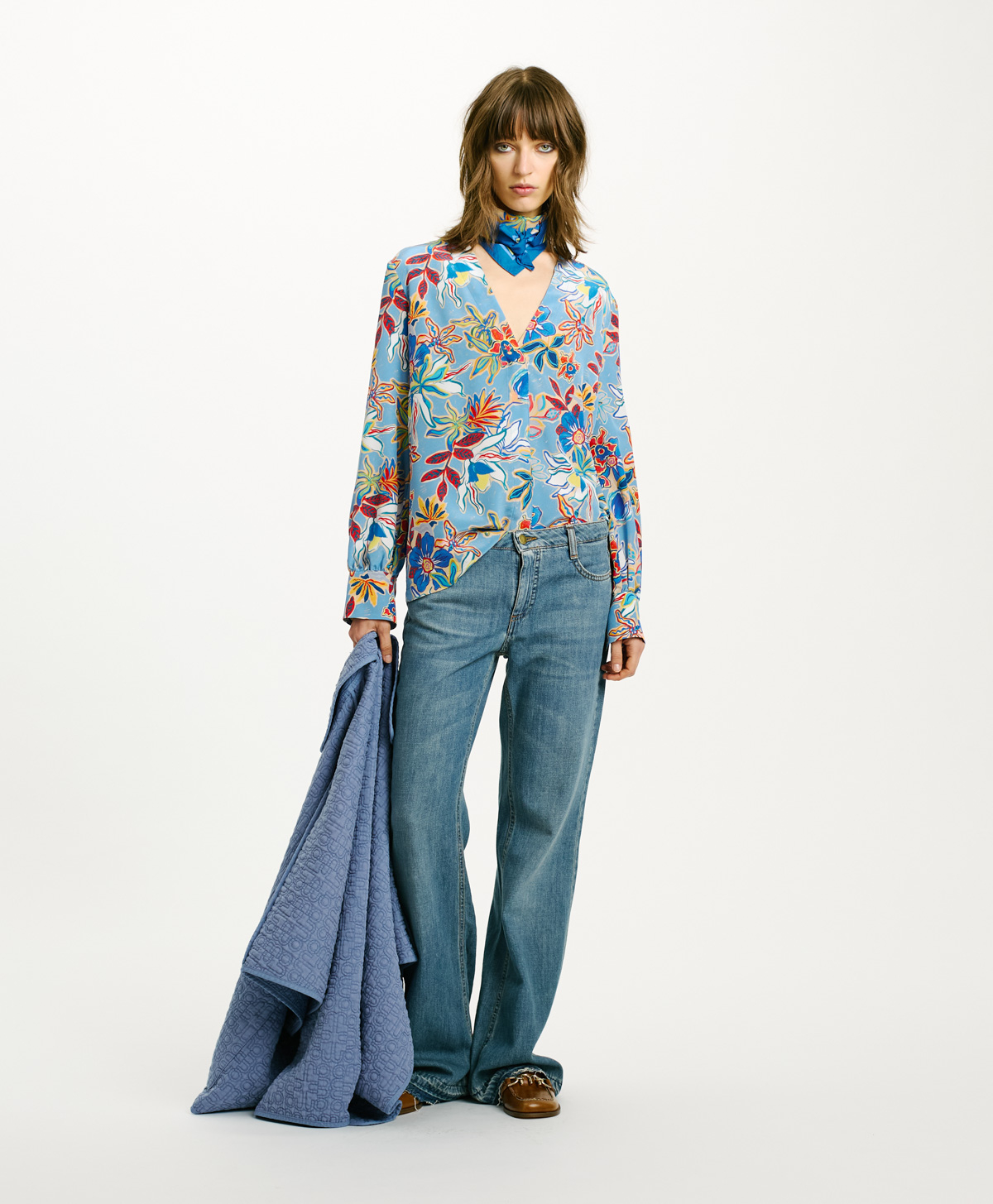 BLOUSE AIMA EN CRÊPE DE CHINE - BLEU CLAIR MULTICOLORE - Momonì