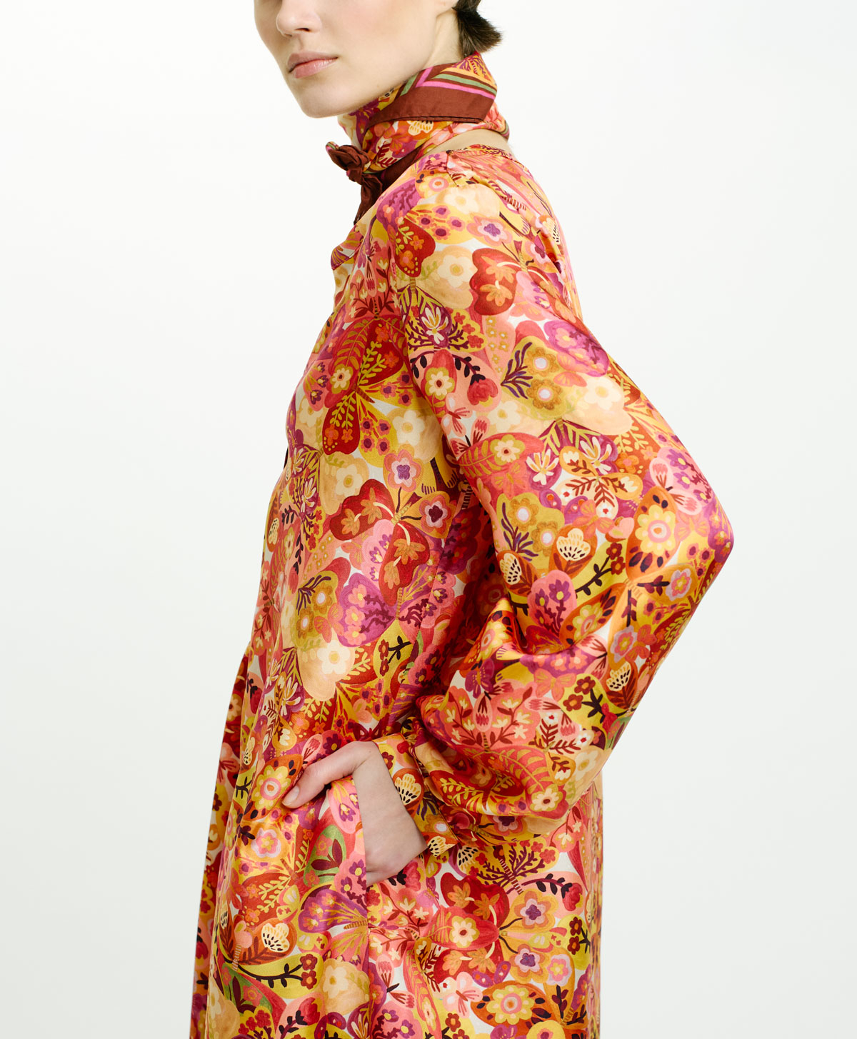 ROBE AMEDE EN SERGÉ DE SOIE IMPRIMÉ - ROSE/BORDEAUX - Momonì