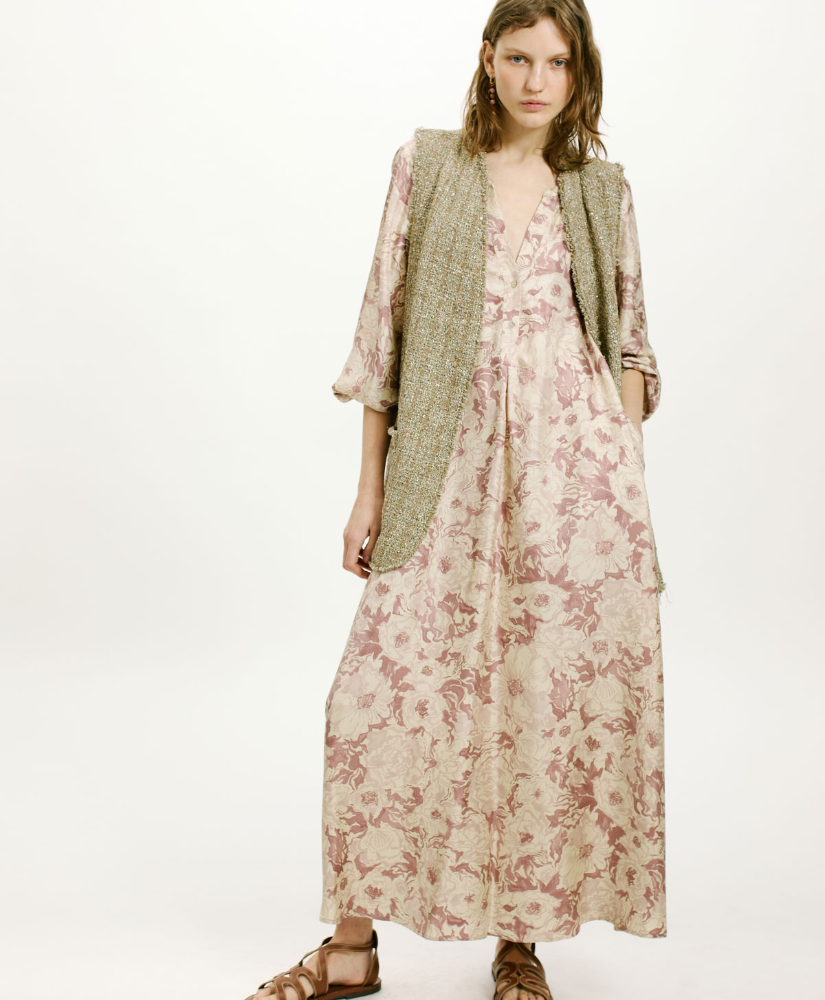 AMEDE DRESS IN PRINTED SILK TWILL - PINK/BEIGE - Momonì