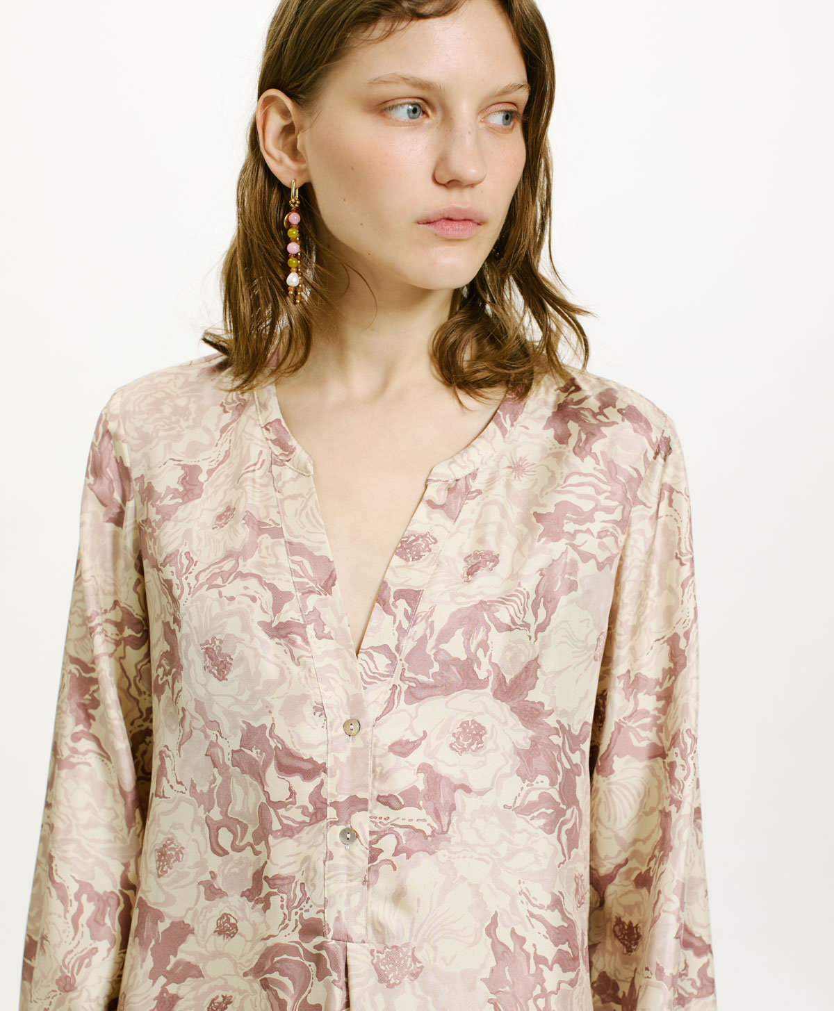AMEDE DRESS IN PRINTED SILK TWILL - PINK/BEIGE - Momonì