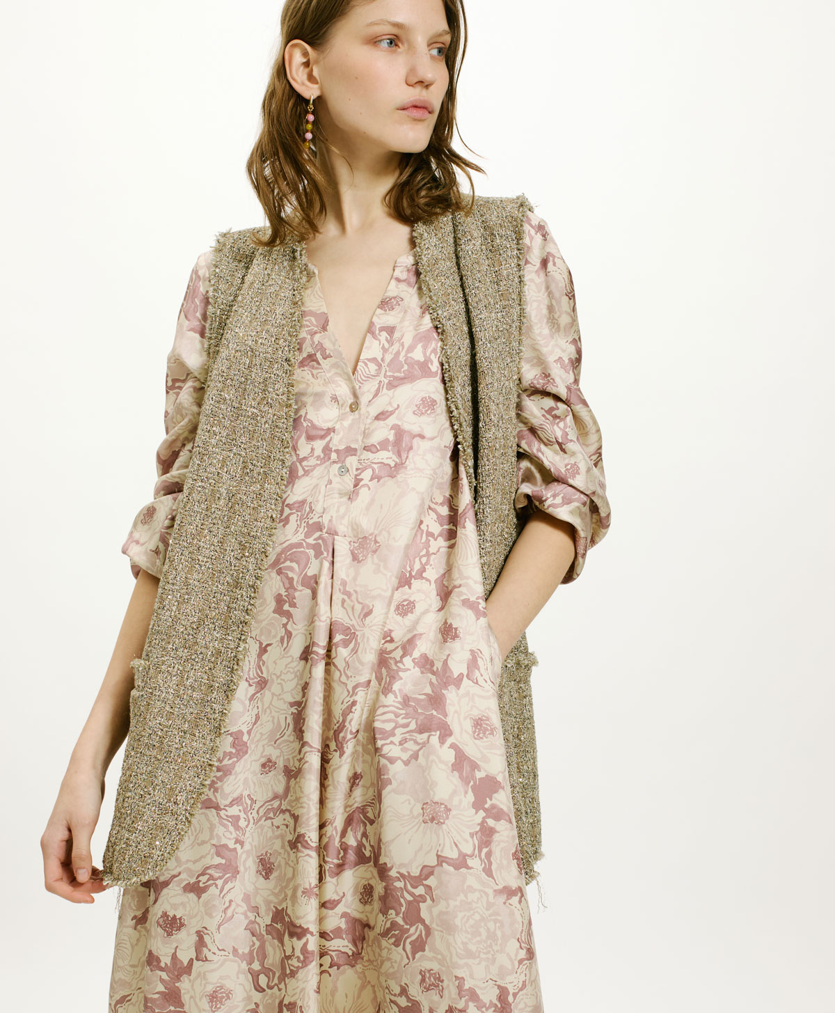 AMEDE DRESS IN PRINTED SILK TWILL - PINK/BEIGE - Momonì