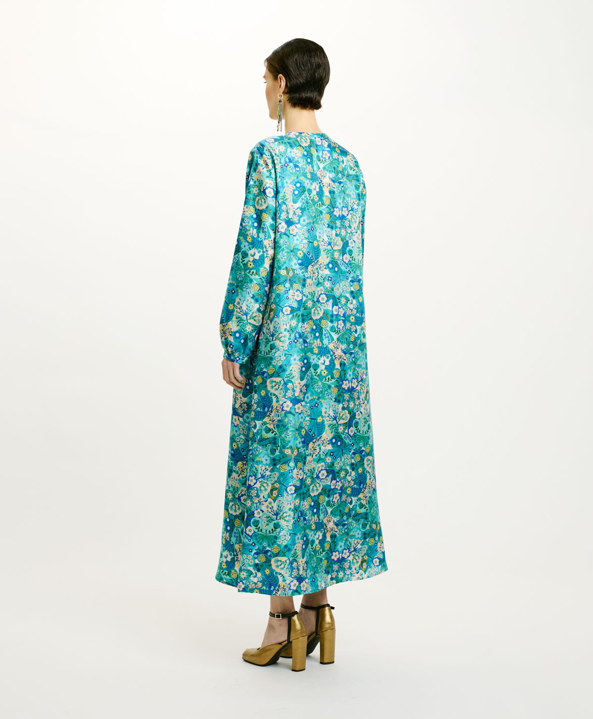 ROBE AMEDE EN SERGÉ DE SOIE IMPRIMÉ - BLEUETTE MULTICOLORE - Momonì
