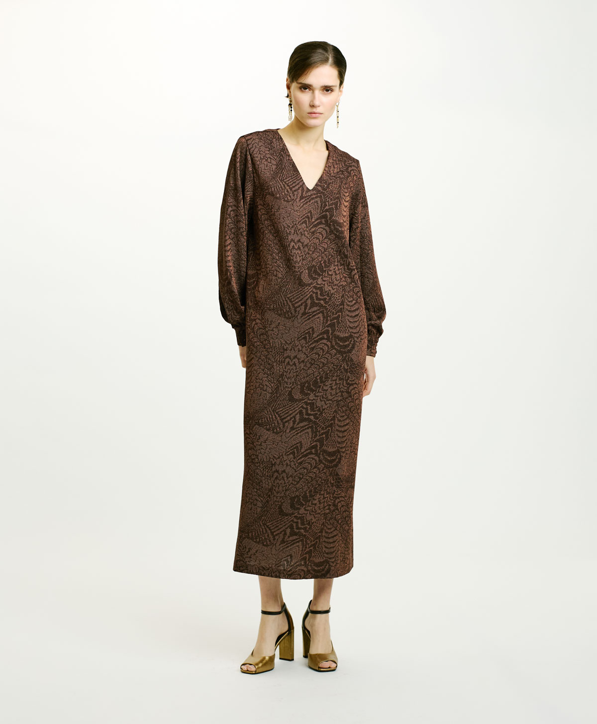 ECUADOR DRESS IN JACQUARD JERSEY WITH LUREX - CHOCOLATE/COPPER - Clothing - Momonì