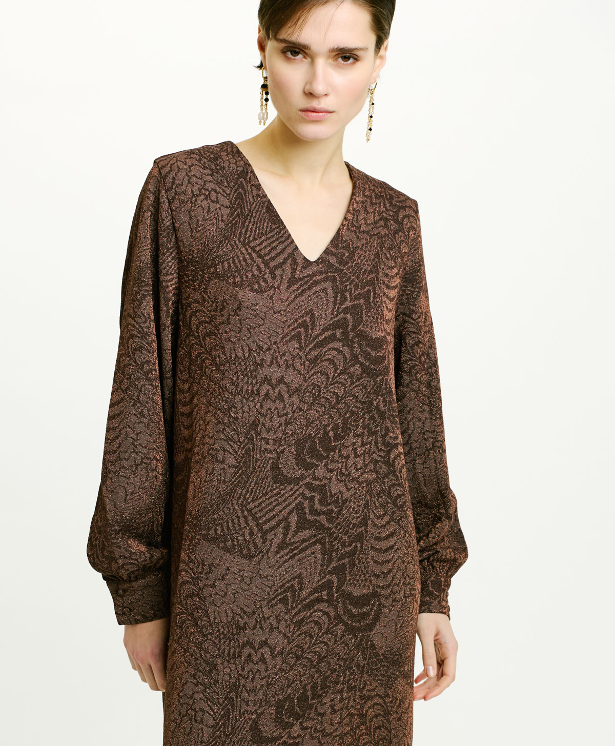 ROBE ECUADOR EN LUREX JERSEY EN JACQUARD - CHOCOLAT/CUIVRE - Momonì