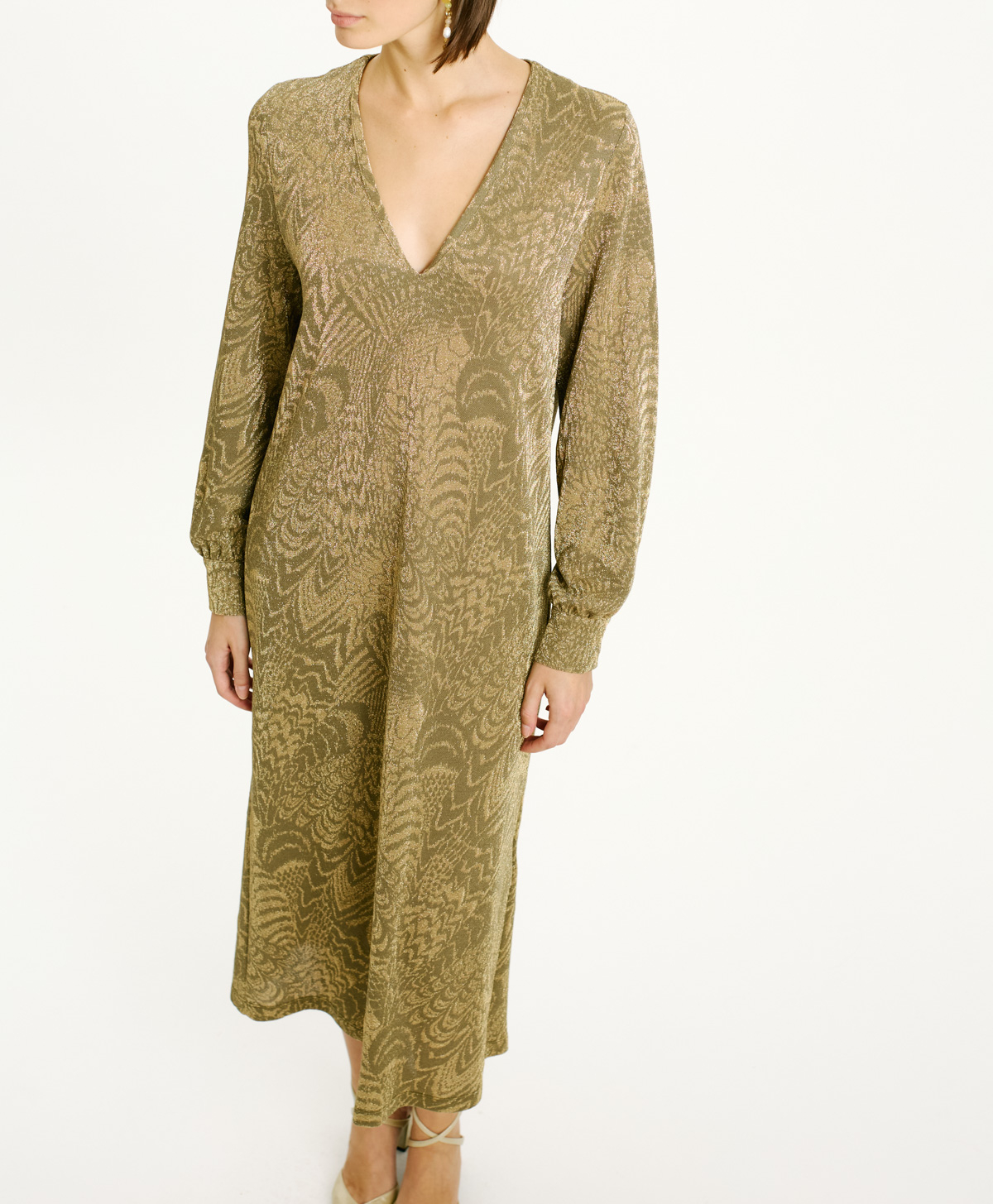 ECUADOR DRESS IN JACQUARD JERSEY WITH LUREX - MATCHA GREEN/GOLD - Momonì