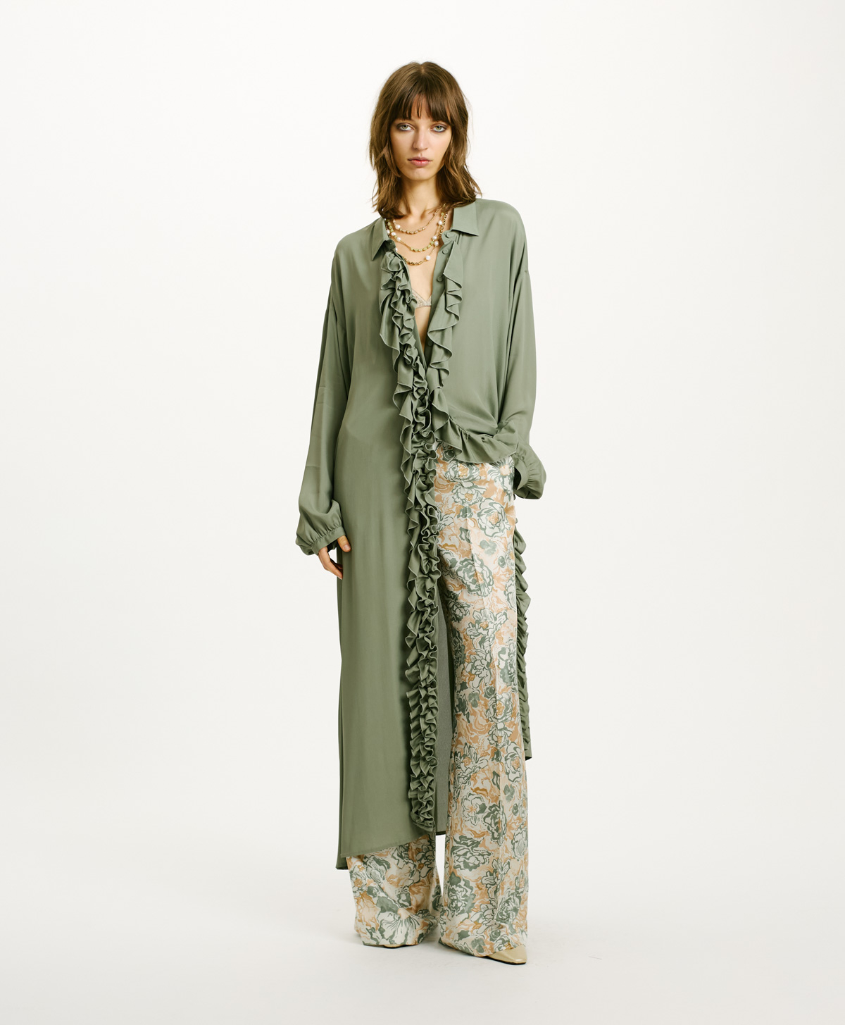 VESTITO FLEUR IN GEORGETTE DI VISCOSA - VERDE SALVIA - Momonì