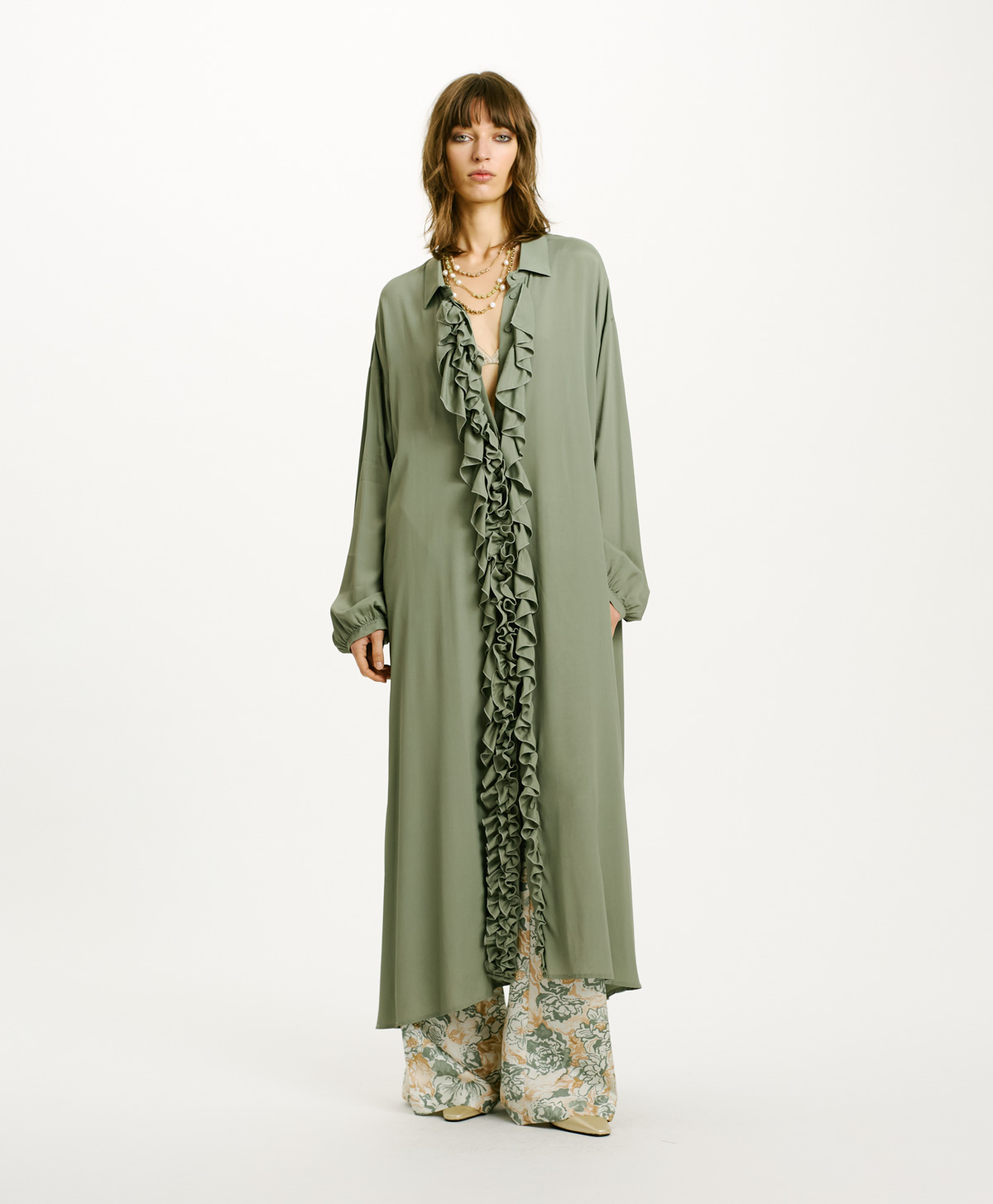 VESTITO FLEUR IN GEORGETTE DI VISCOSA - VERDE SALVIA - Momonì