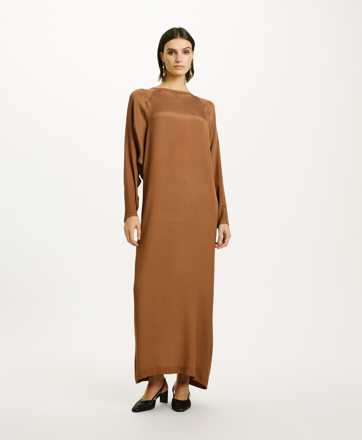MURUI DRESS IN SOLID COLOUR ACETATE SILK BLEND CREPE - TOBACO - Momonì