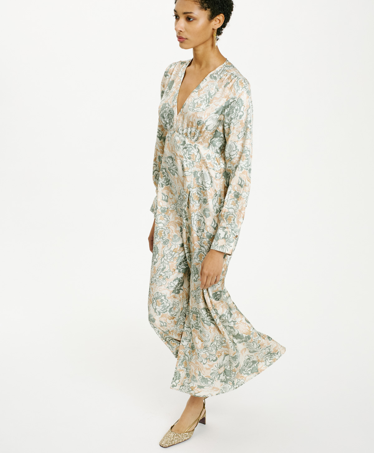 VESTITO ADELAIDE IN TWILL DI SETA STAMPATO - TABACCO/ACQUA MARINA - Clothing - Momonì