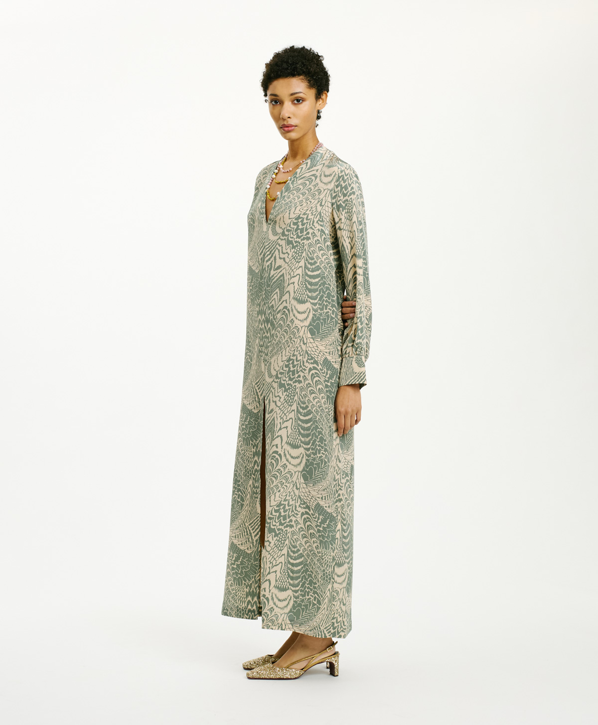 VESTIDO PIRI EN CREPÉ DE CHINA - BEIGE/SALVIA - Momonì