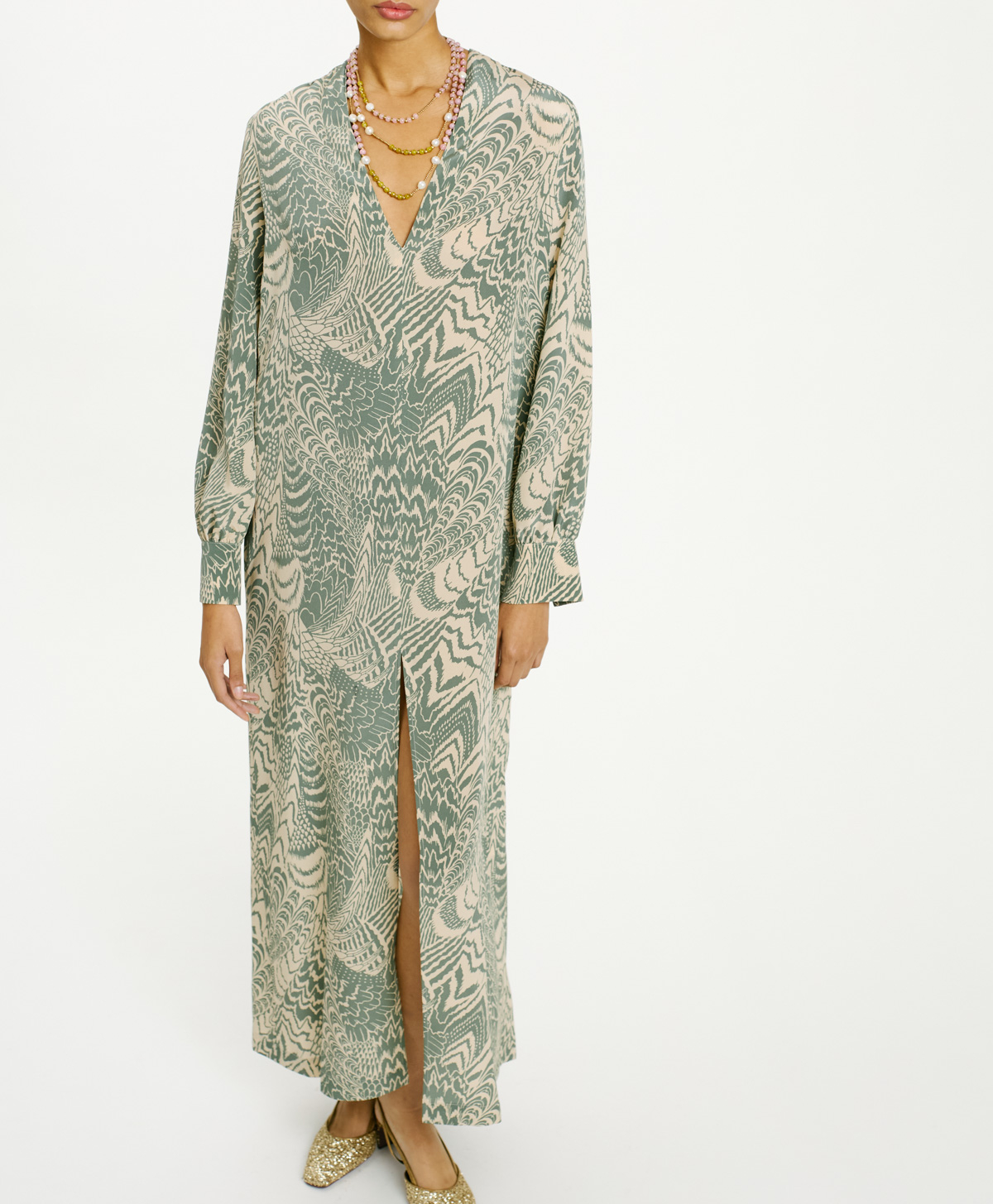 VESTIDO PIRI EN CREPÉ DE CHINA - BEIGE/SALVIA - Momonì