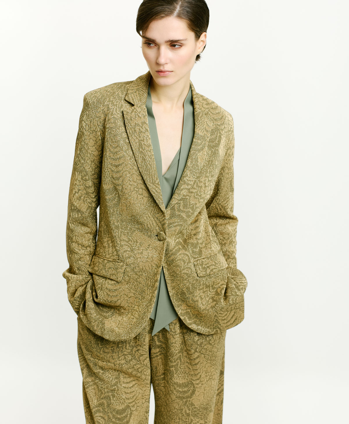 VESTE COPAIBA EN JERSEY LUREX EN JACQUARD - VERT MATCHA/OR - Momonì