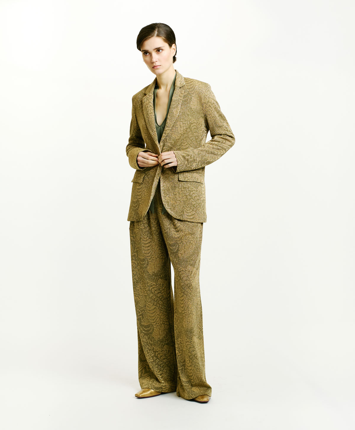 VESTE COPAIBA EN JERSEY LUREX EN JACQUARD - VERT MATCHA/OR - Momonì