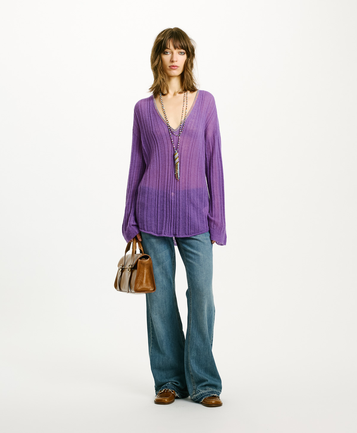 TRICOT BANAL EN ALPAGA MOHAIR FAÇONNÉ - VIOLET - Momonì