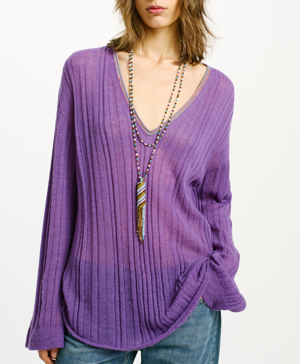 TRICOT BANAL EN ALPAGA MOHAIR FAÇONNÉ - VIOLET - Momonì