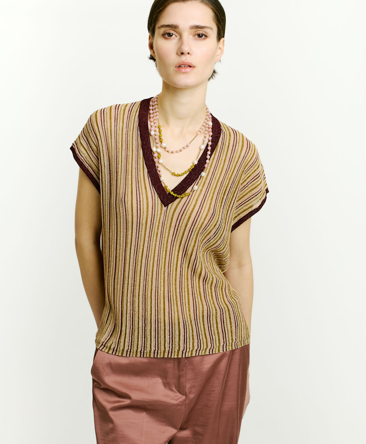 TRICOT ANHUI EN LUREX MULTIRAYURES - ROSE MULTICOLORE - Momonì