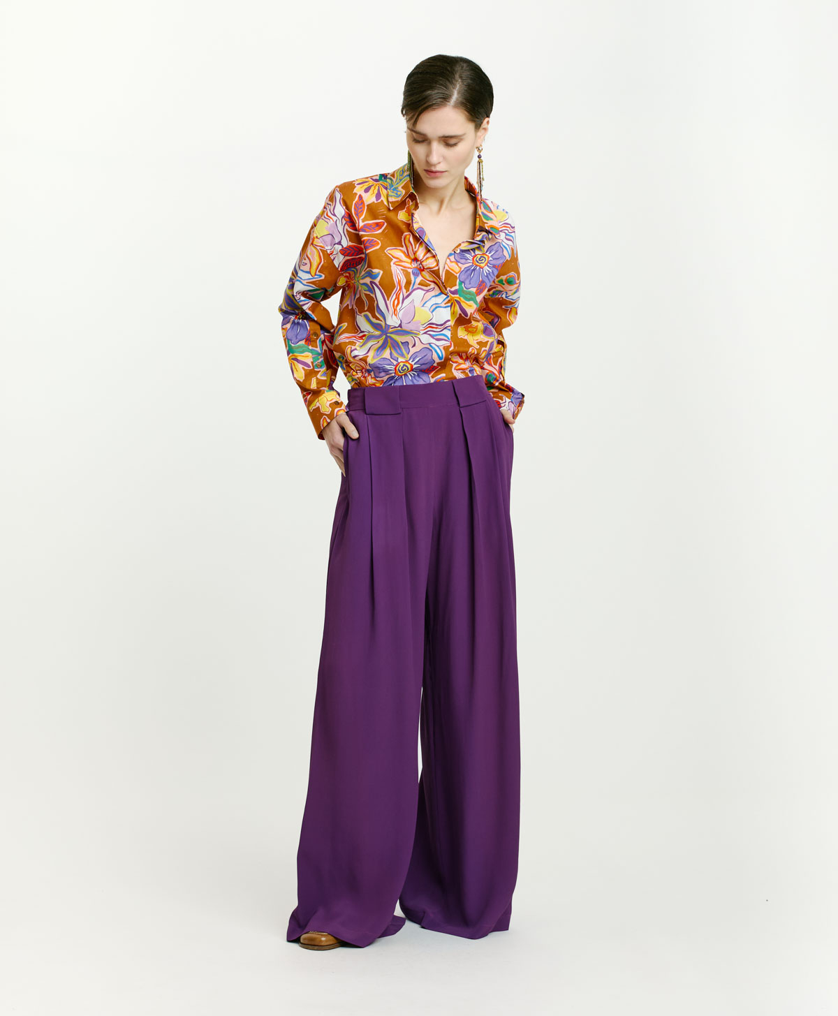 PANTALON ASPEN EN MÉLANGE SOIE ET ACÉTATE UNI - VIOLET - Clothing - Momonì