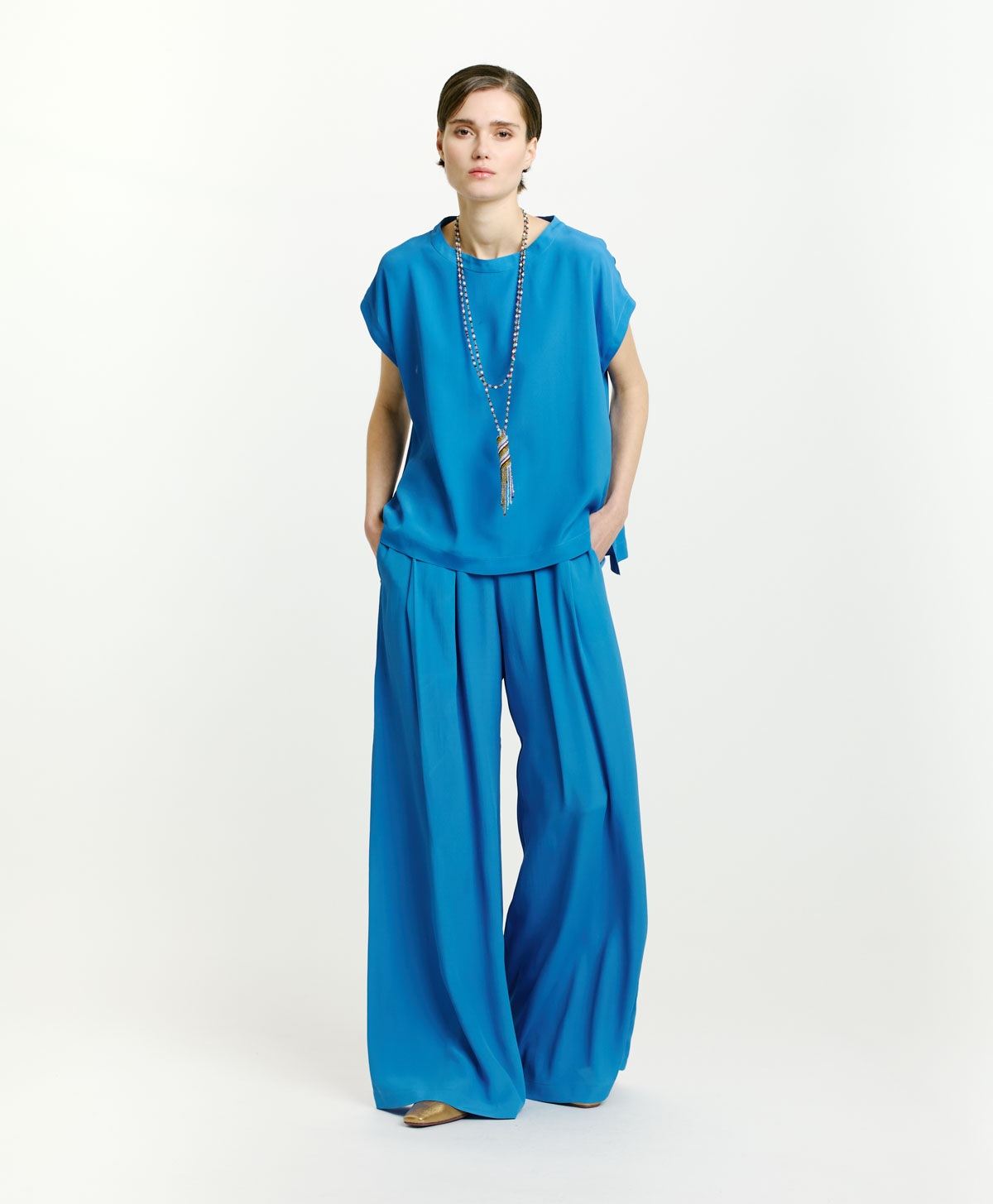 ASPEN PANTS IN SOLID COLOUR ACETATE/SILK - COBALT - Clothing - Momonì
