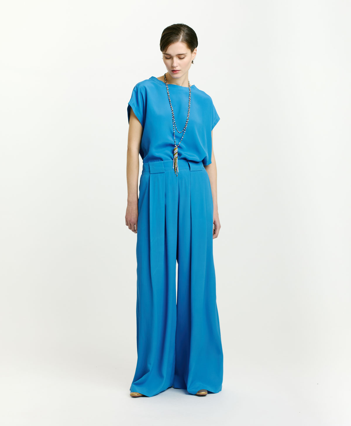 PANTALON ASPEN EN MÉLANGE SOIE ET ACÉTATE UNI - COBALT - Momonì