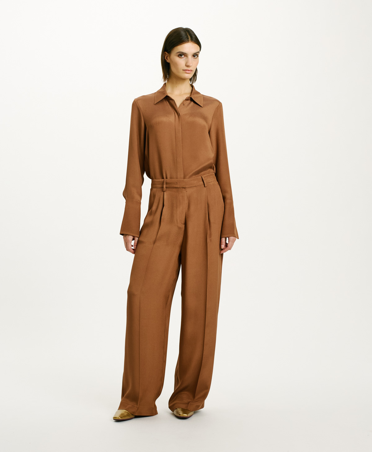KYOTO PANTS IN SOLID COLOUR ACETATE SILK BLEND CREPE - TOBACO - Momonì