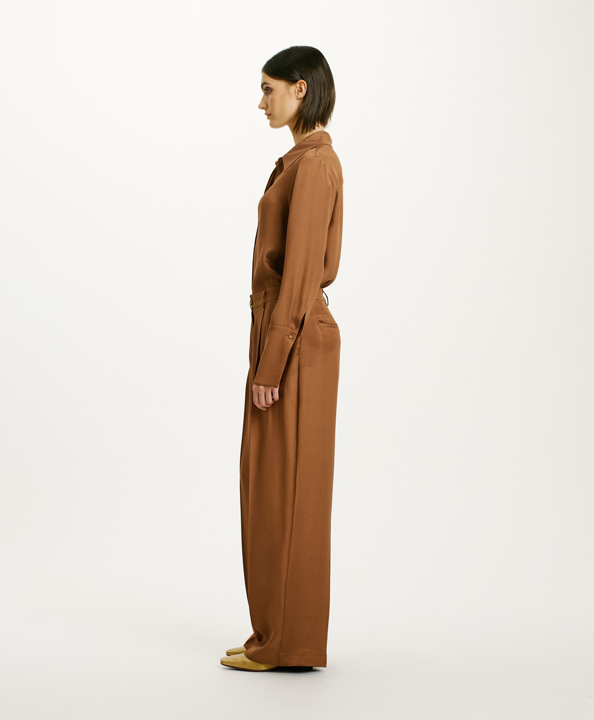 KYOTO PANTS IN SOLID COLOUR ACETATE SILK BLEND CREPE - TOBACO - Momonì