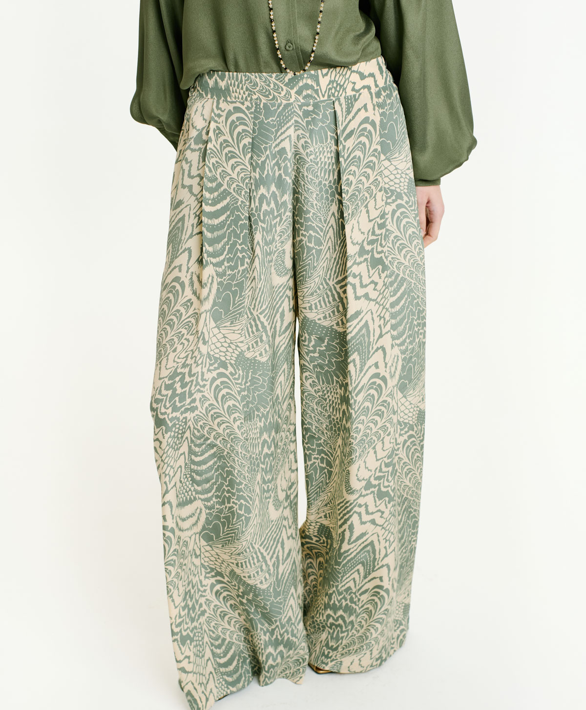 PANTALON BOTO EN CRÊPE DE CHINE - BEIGE/SAUGE - Momonì