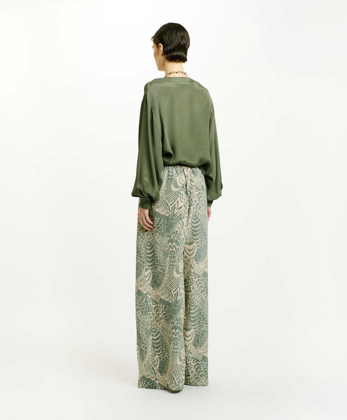 PANTALON BOTO EN CRÊPE DE CHINE - BEIGE/SAUGE - Momonì