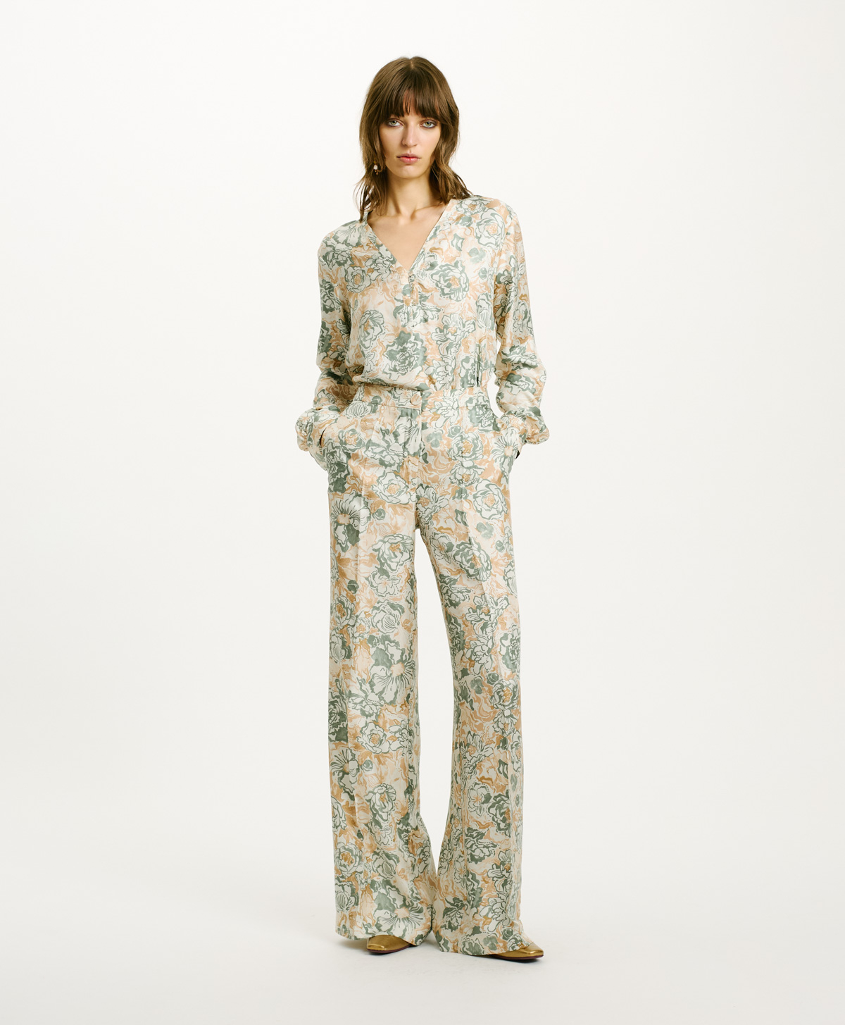 PANTALON CANDEO EN SERGÉ DE SOIE IMPRIMÉ - TABAC/AIGUE-MARINE - Momonì