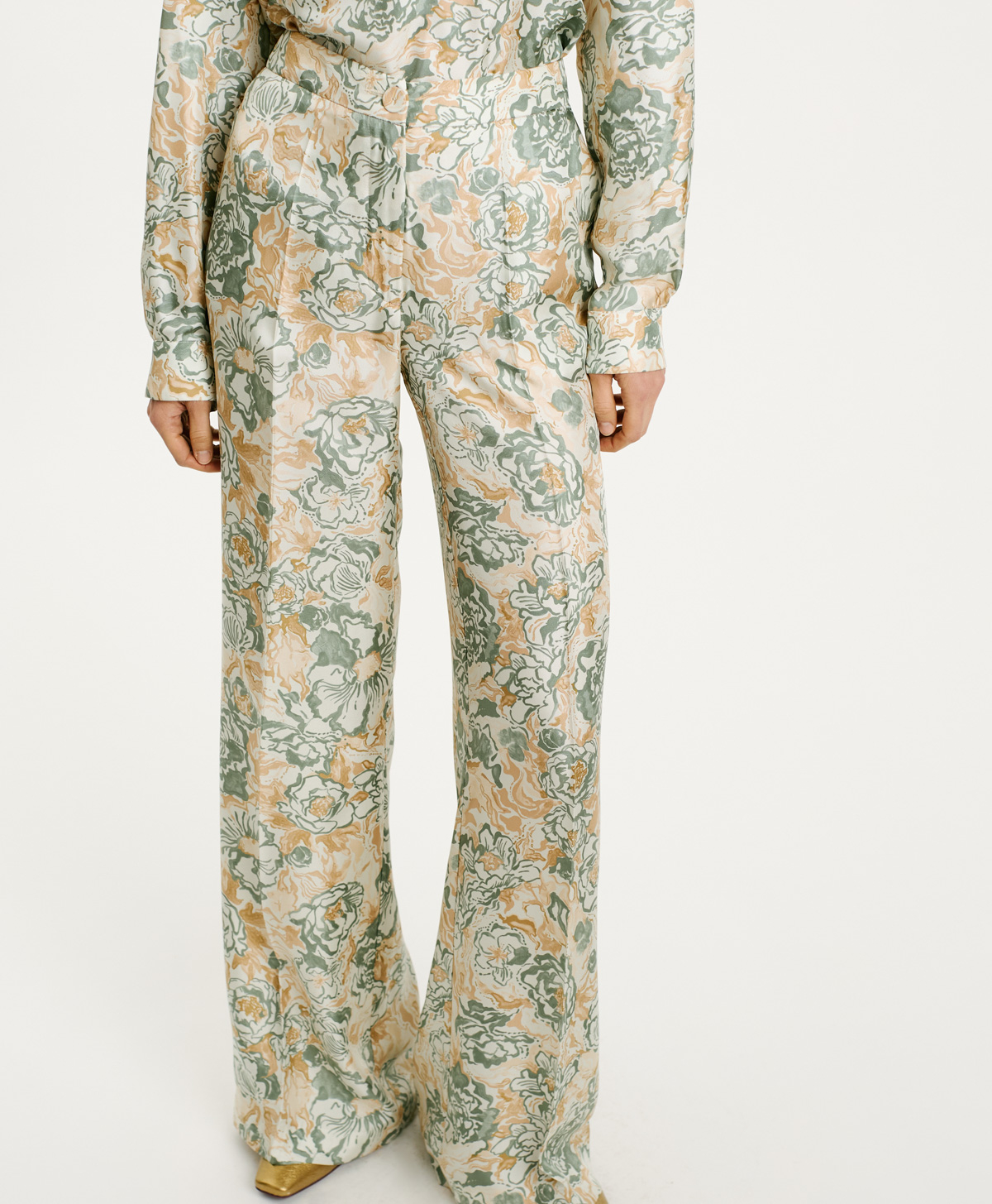 PANTALON CANDEO EN SERGÉ DE SOIE IMPRIMÉ - TABAC/AIGUE-MARINE - Momonì
