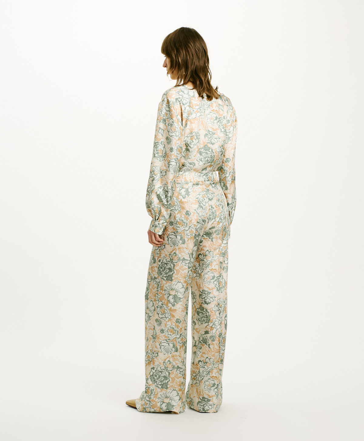 PANTALON CANDEO EN SERGÉ DE SOIE IMPRIMÉ - TABAC/AIGUE-MARINE - Momonì