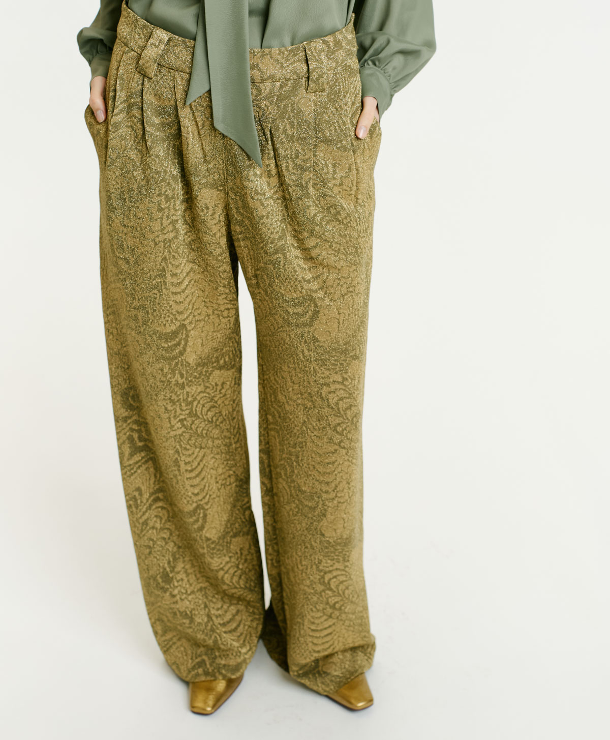 LANZAROTE BIS PANTS IN JACQUARD JERSEY WITH LUREX - MATCHA GREEN/GOLD - Clothing - Momonì