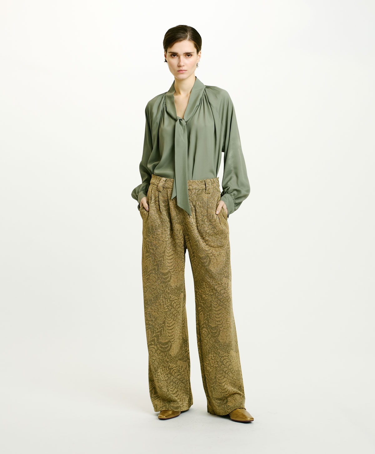 LANZAROTE BIS PANTS IN JACQUARD JERSEY WITH LUREX - MATCHA GREEN/GOLD - Momonì