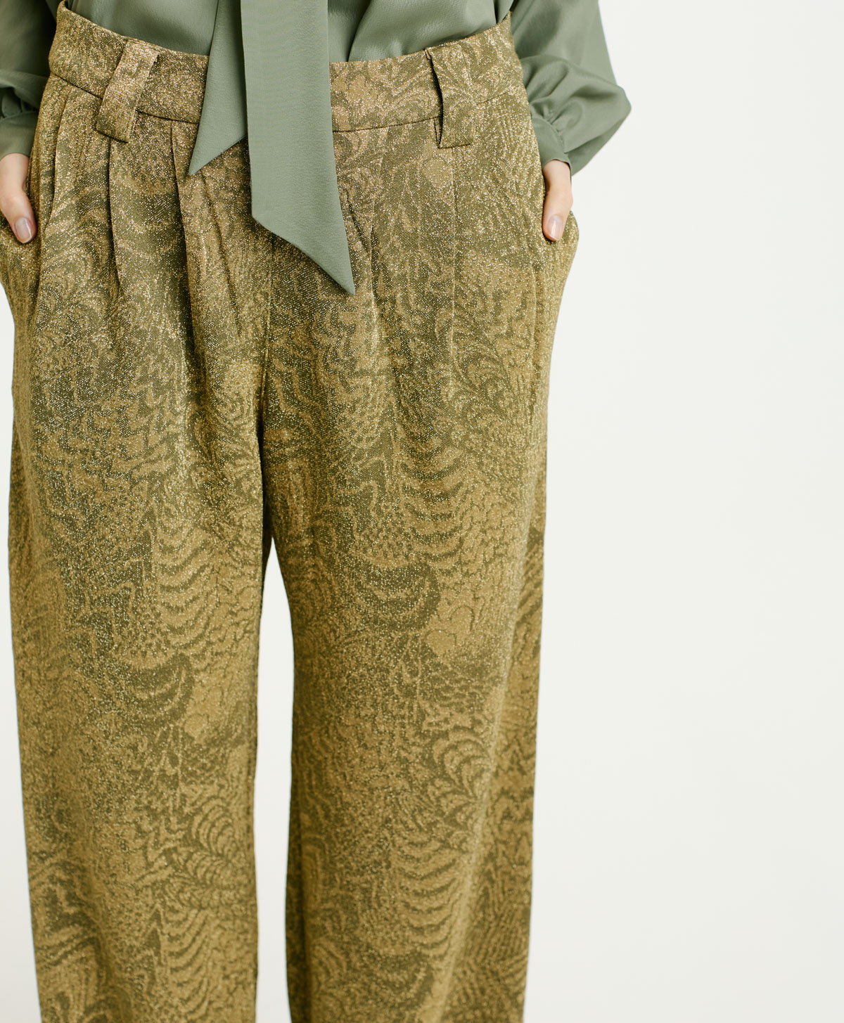 LANZAROTE BIS PANTS IN JACQUARD JERSEY WITH LUREX - MATCHA GREEN/GOLD - Momonì