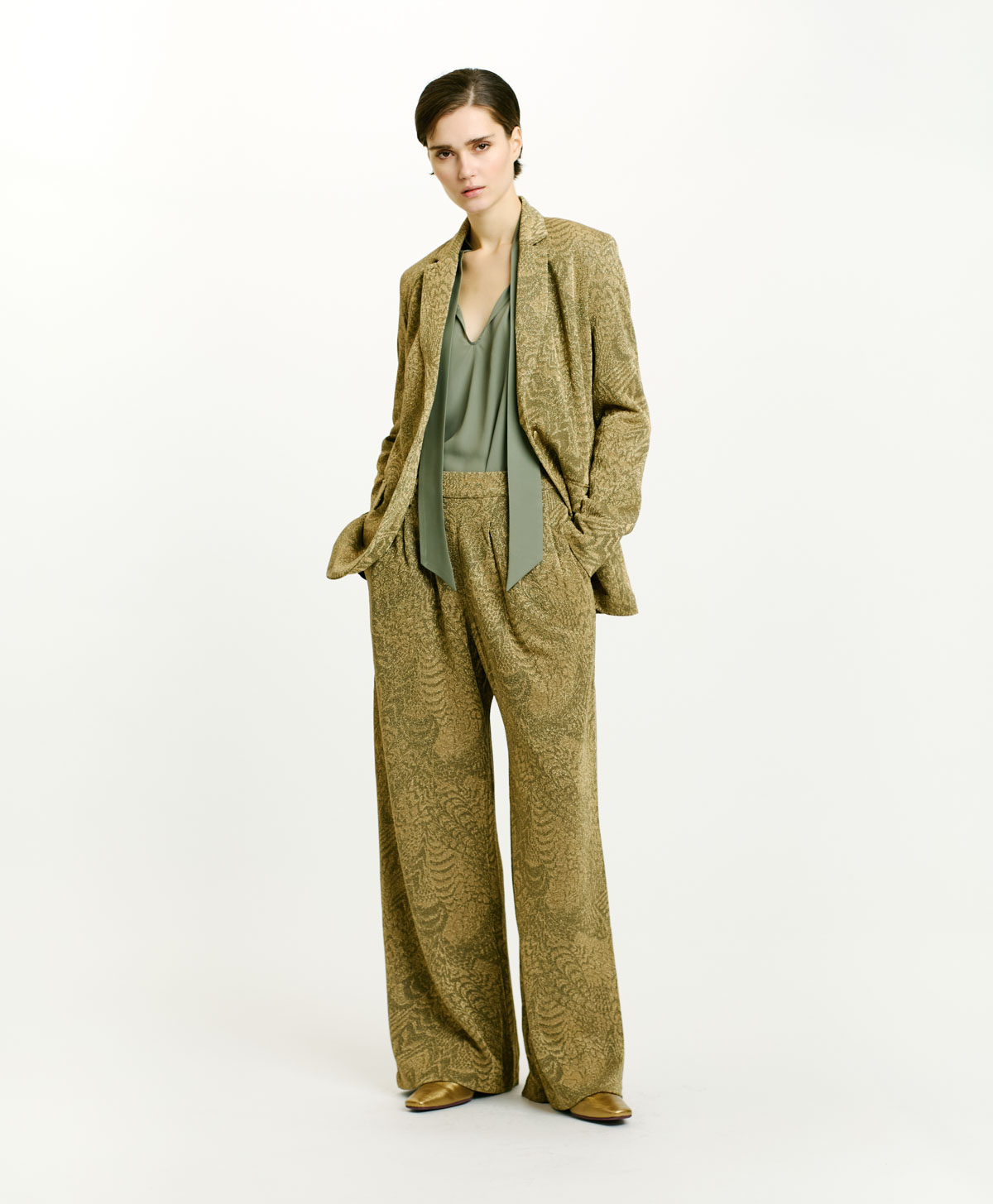 LANZAROTE BIS PANTS IN JACQUARD JERSEY WITH LUREX - MATCHA GREEN/GOLD - Momonì