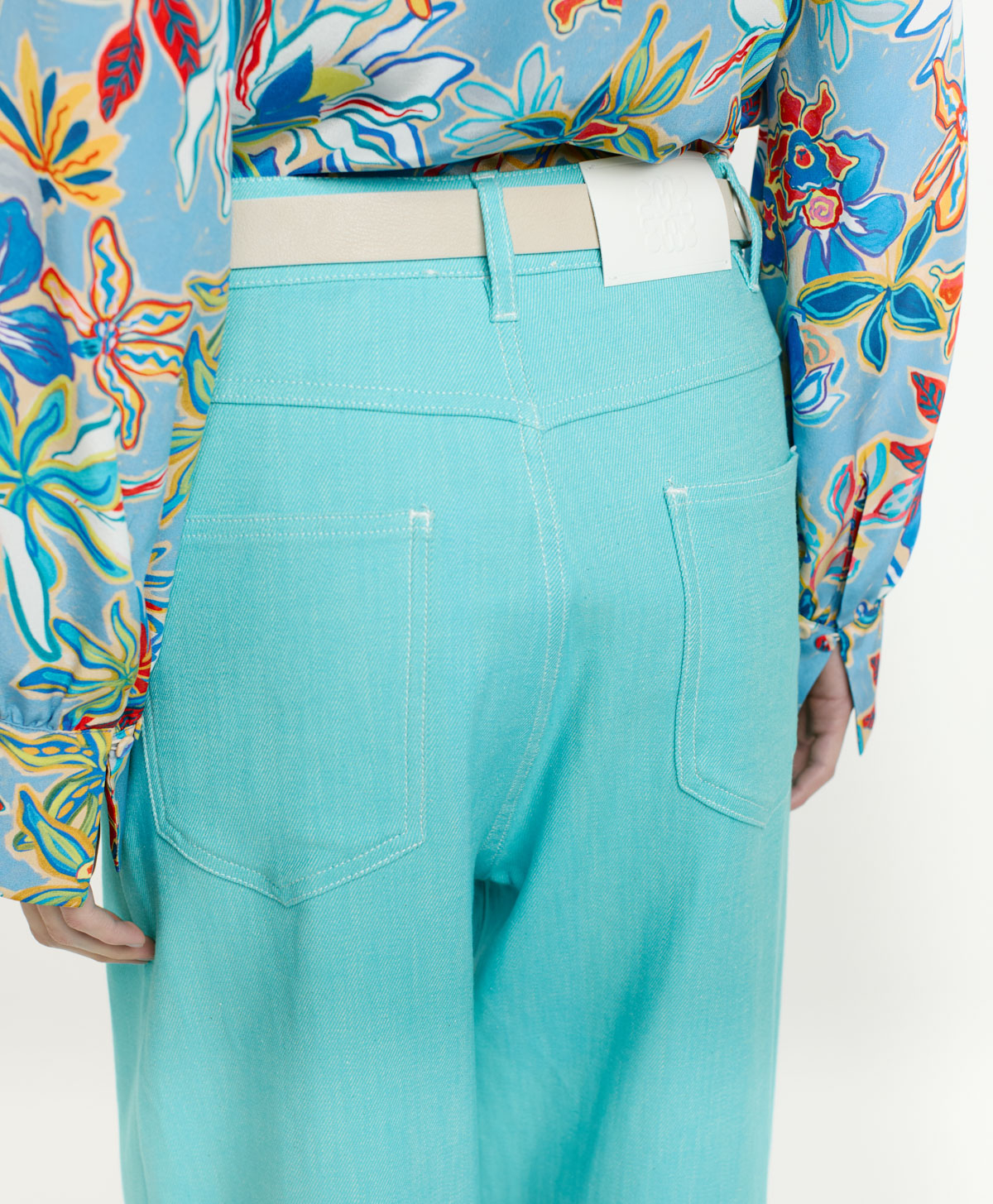 PANTALON FUCHSIA BIS EN DENIM COULEUR STRETCH - TURQUOISE - Momonì