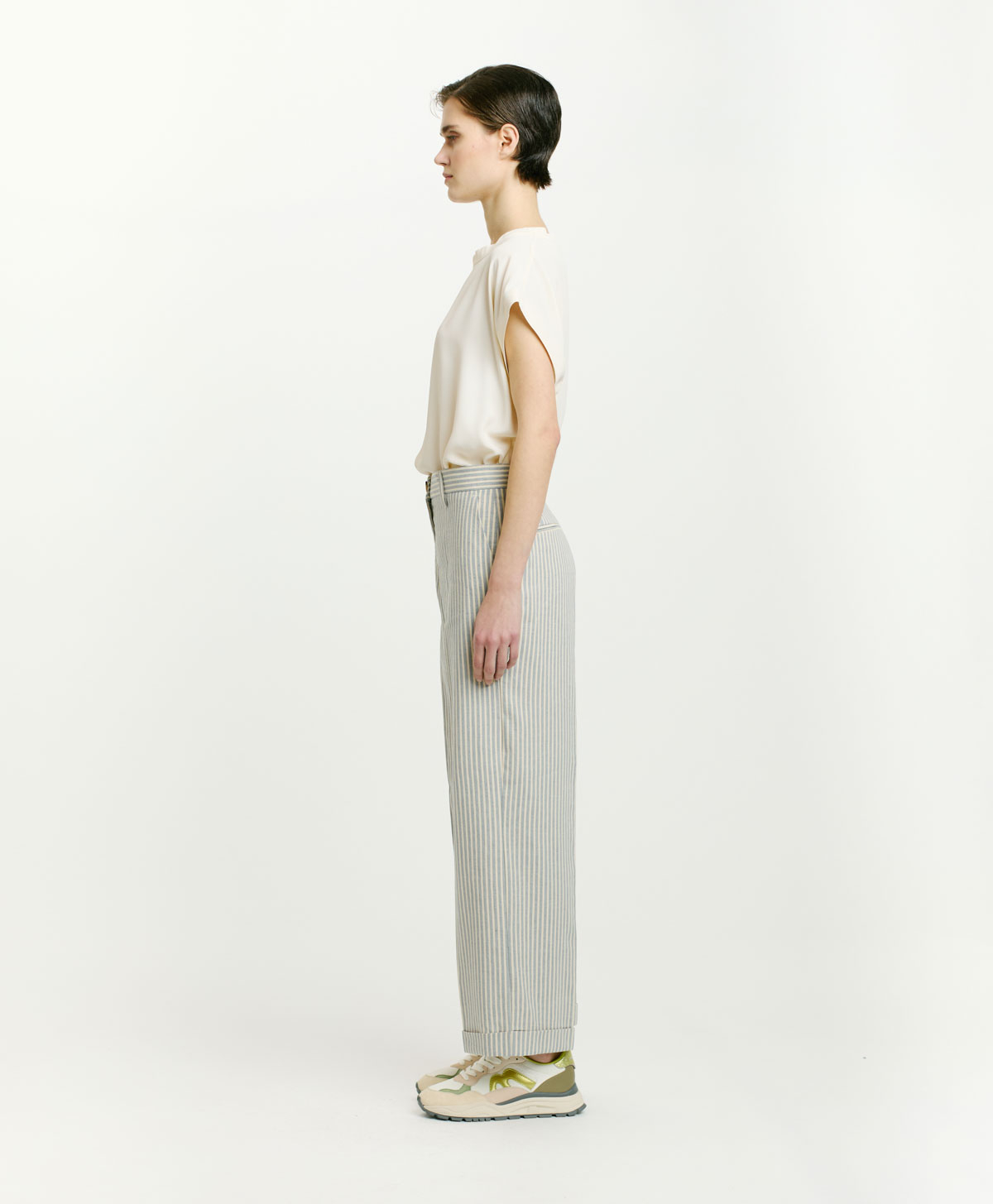 PANTALON JANEIRO EN COTON/CHANVRE RAYÉ - CIEL/CRÈME - Momonì