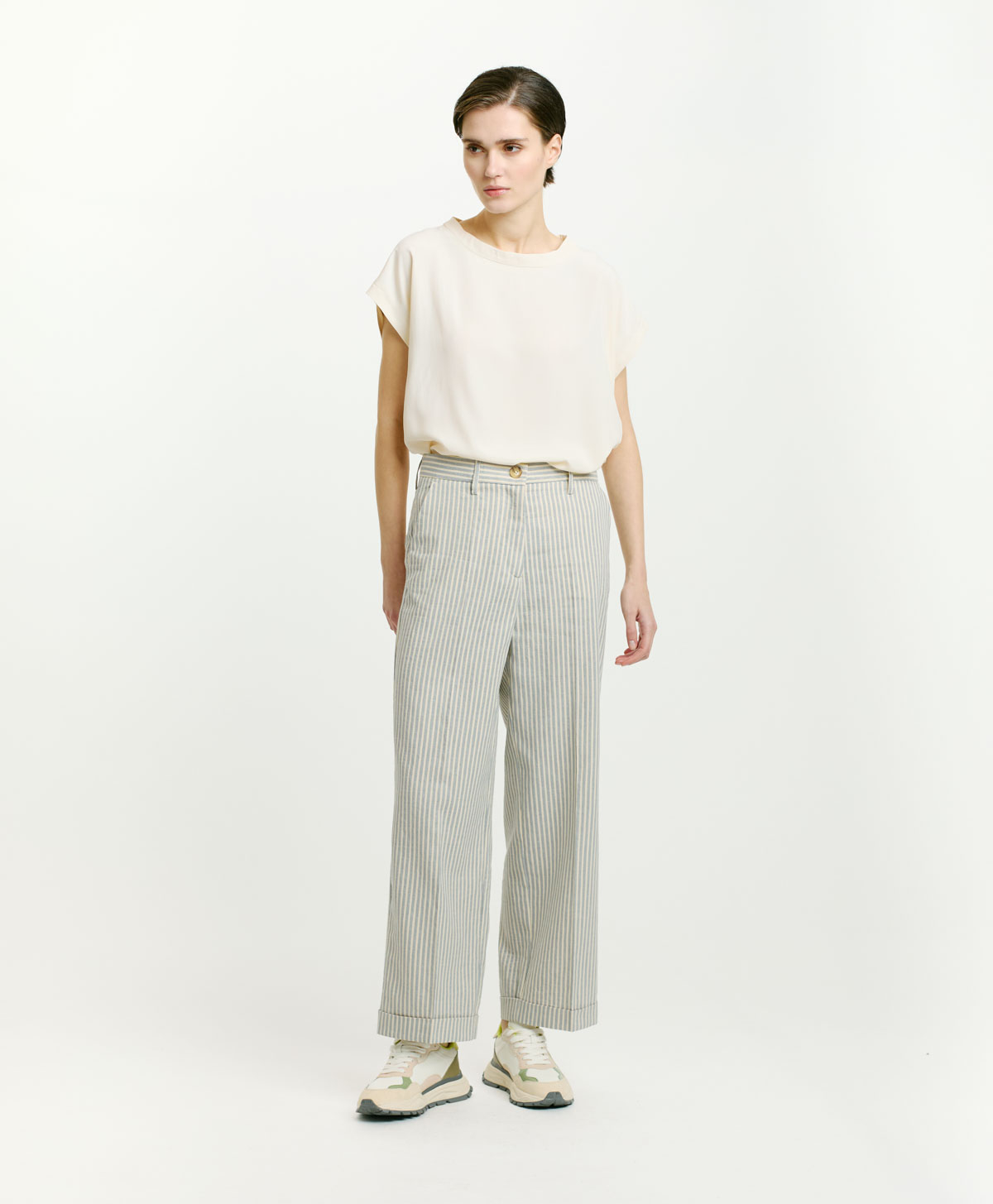 PANTALON JANEIRO EN COTON/CHANVRE RAYÉ - CIEL/CRÈME - Momonì