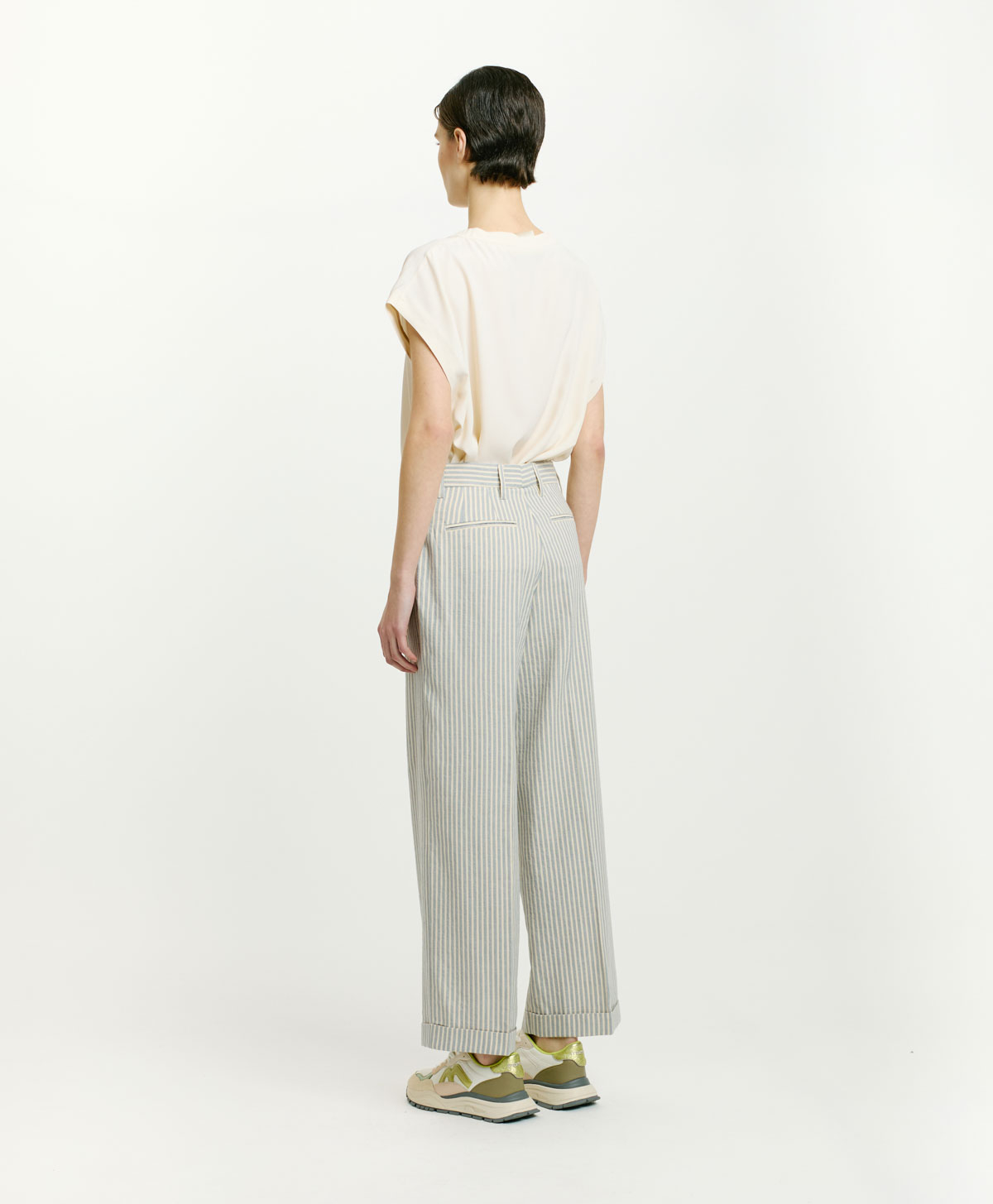 PANTALON JANEIRO EN COTON/CHANVRE RAYÉ - CIEL/CRÈME - Momonì