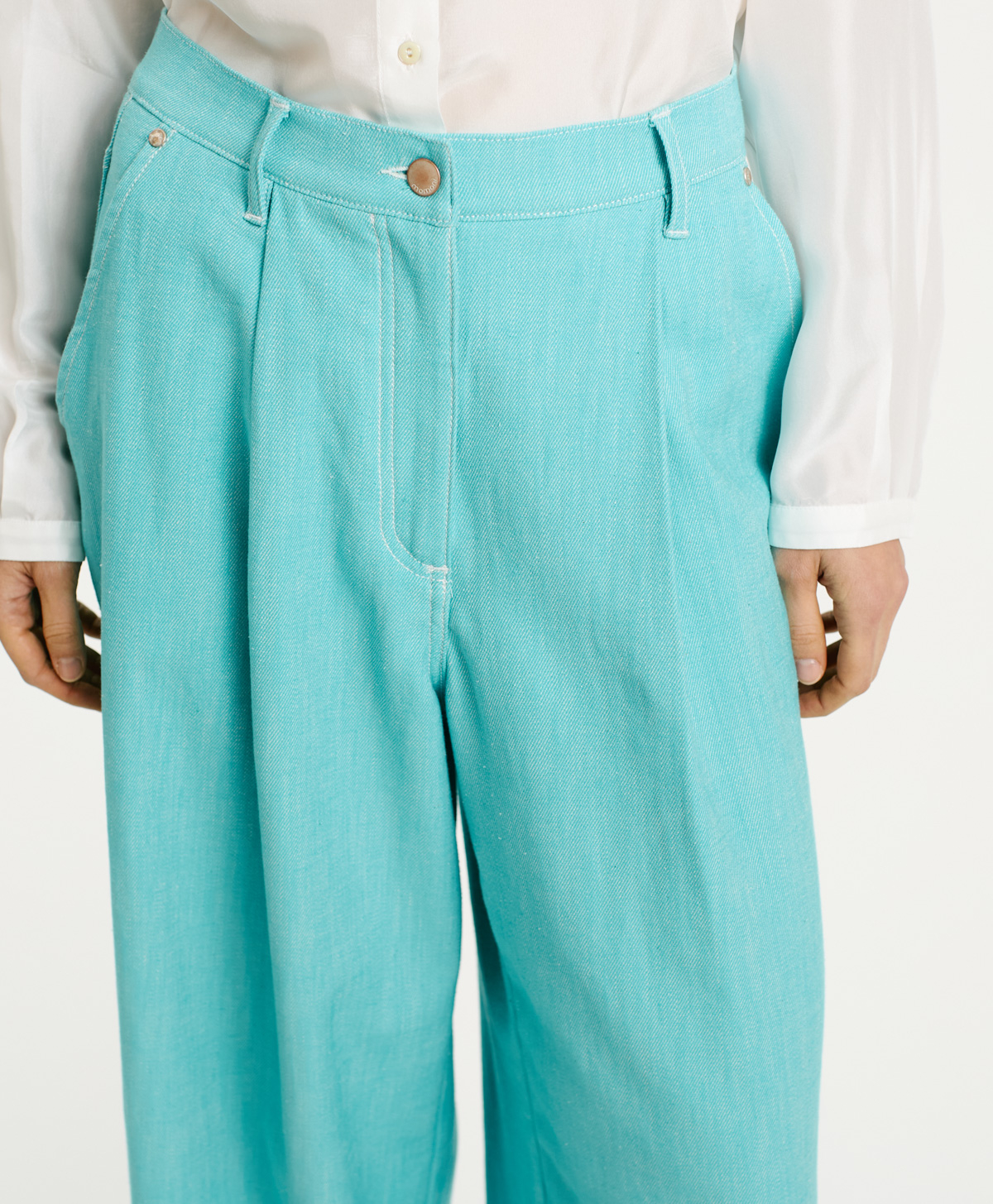 PANTALON ISIDRO EN DENIM COULEUR STRETCH - TURQUOISE - Momonì