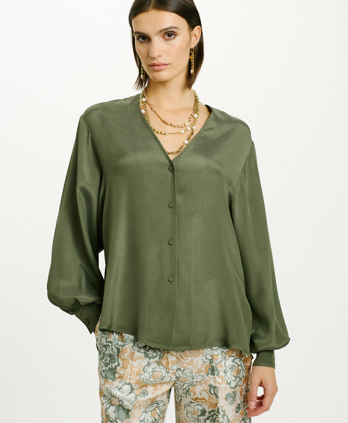 LENTINULA SHIRT IN SOLID COLOUR ACETATE SILK BLEND CREPE - SAGE GREEN - Momonì