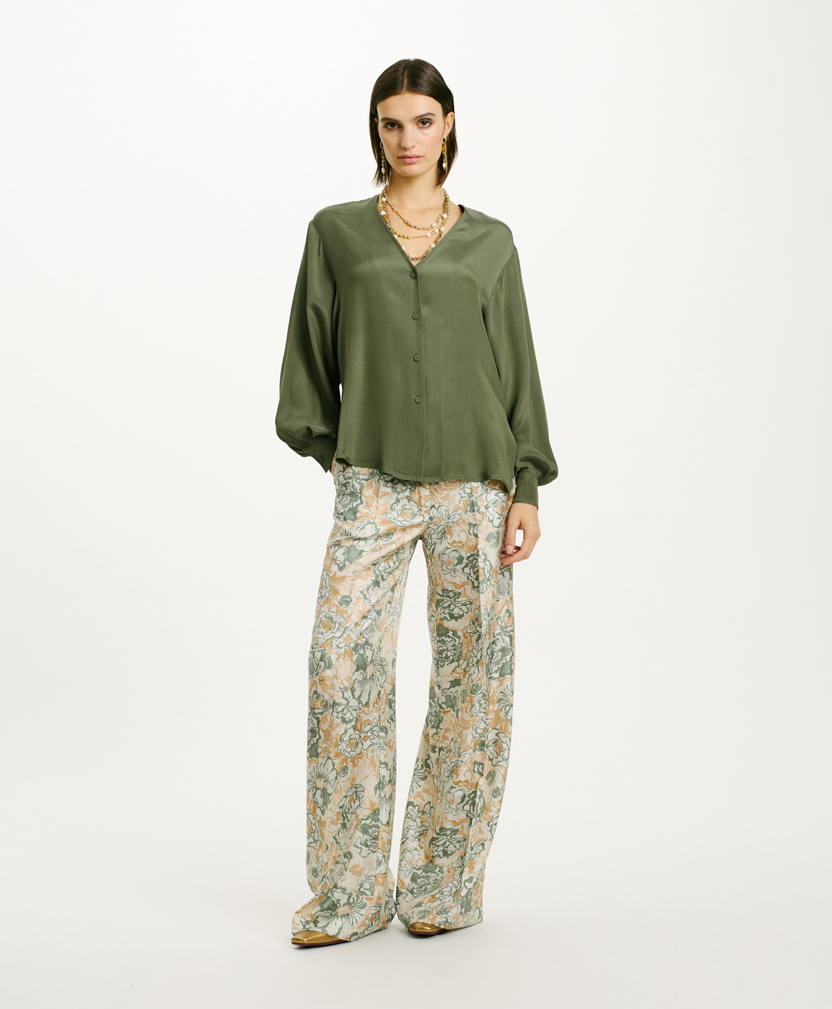 LENTINULA SHIRT IN SOLID COLOUR ACETATE SILK BLEND CREPE - SAGE GREEN - Momonì