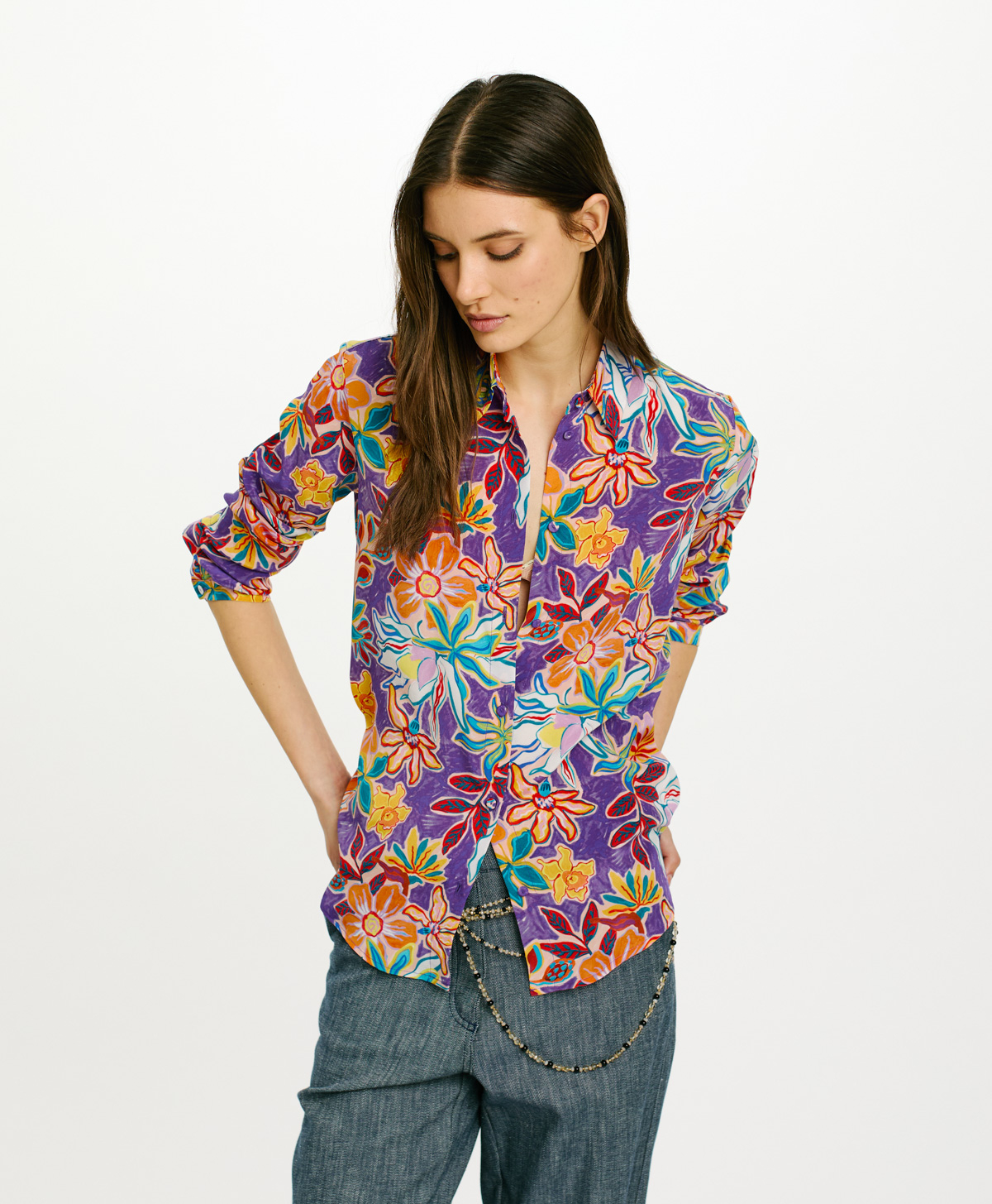 MEUDON SHIRT IN PRINTED SILK CREPE DE CHINE - MULTICOLOR PURPLE - Momonì
