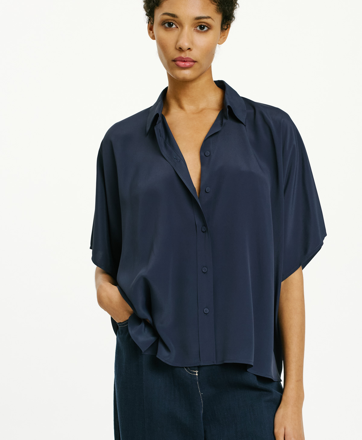BROOKLYN SHIRT IN SOLID COLOUR ACETATE/SILK - NIGHT BLUE - Clothing - Momonì