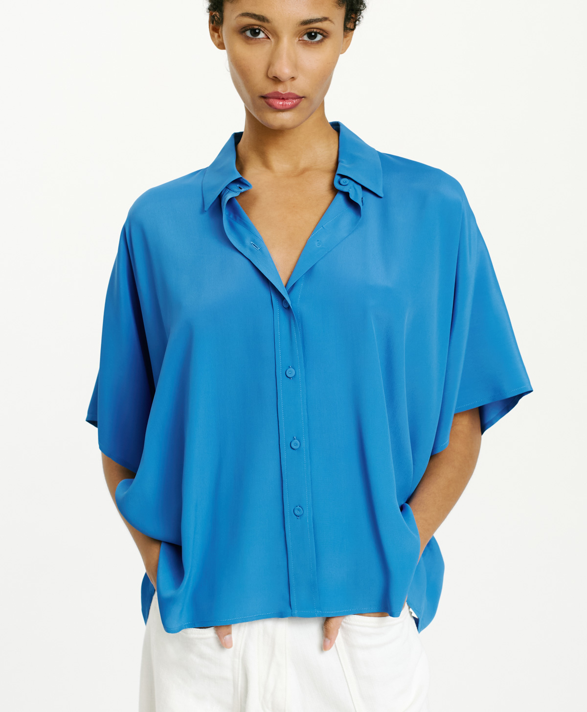 BROOKLYN SHIRT IN SOLID COLOUR ACETATE/SILK - COBALT - Momonì
