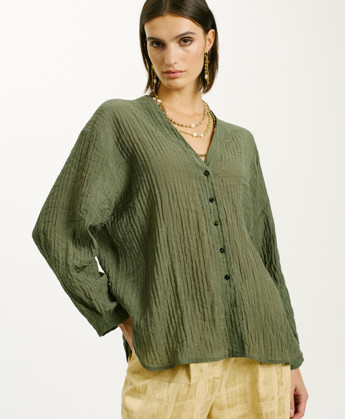 SERRANIA SHIRT IN GOFFERED VISCOSE - SAGE GREEN - Momonì