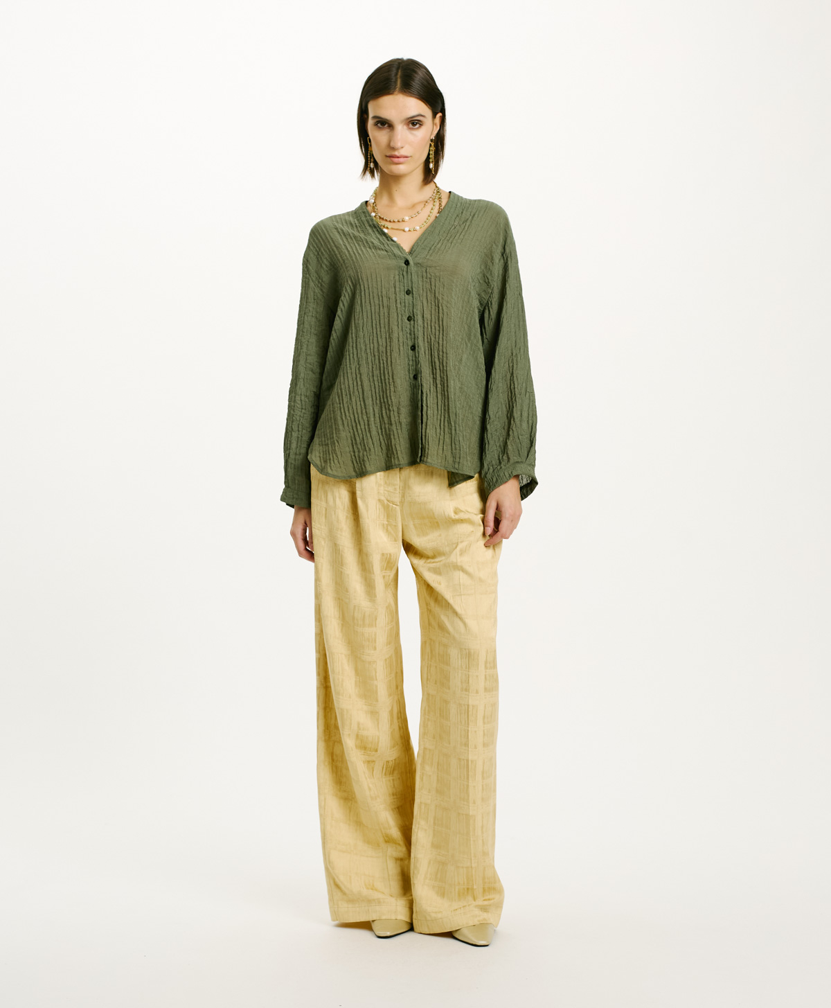 SERRANIA SHIRT IN GOFFERED VISCOSE - SAGE GREEN - Momonì