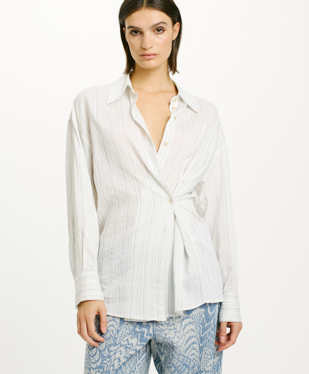 TITI SHIRT IN SILK/COTTON VISCOSE - CREAM/BLUE - Clothing - Momonì
