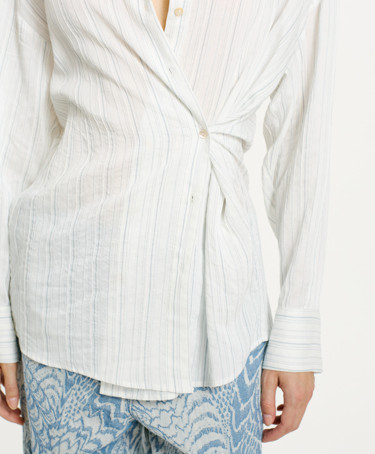 CHEMISIER TITI EN VISCOSE DE SOIE/COTON - CRÈME/BLEU - Momonì
